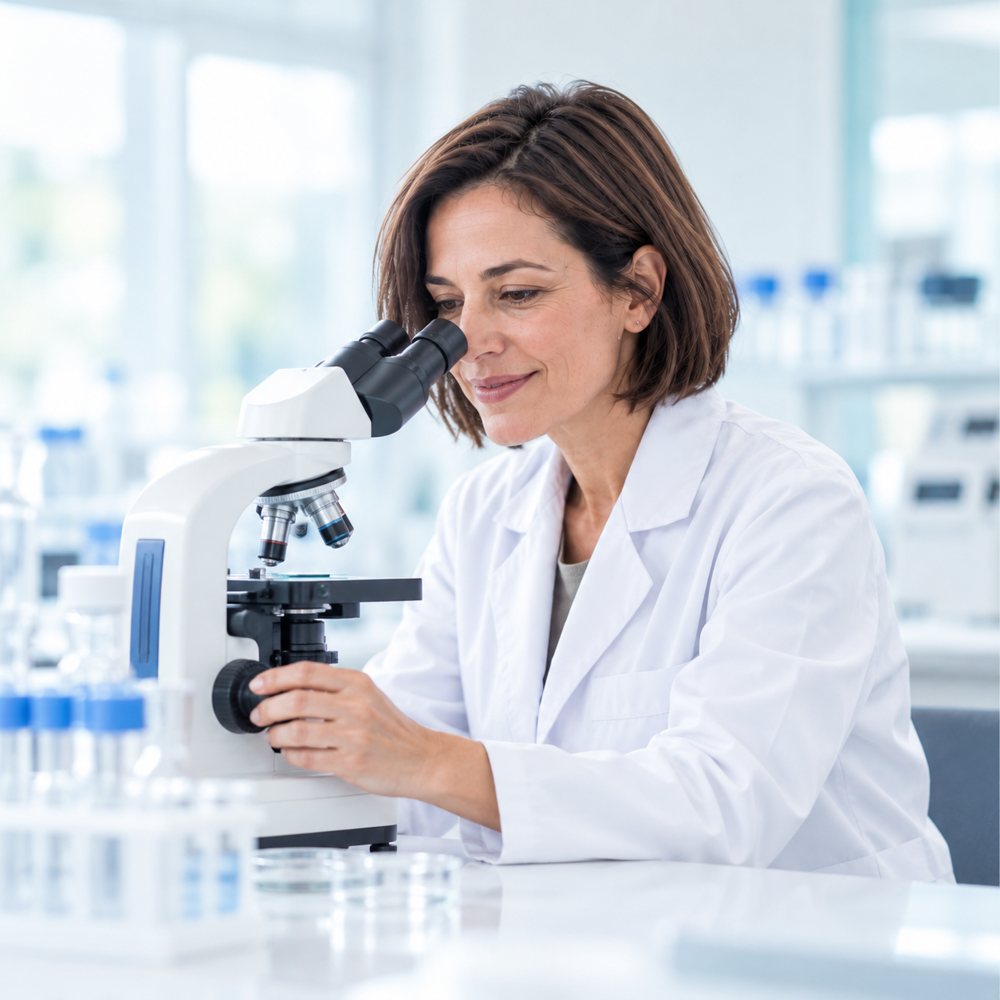Profesional de IBC observando una muestra en el microscopio